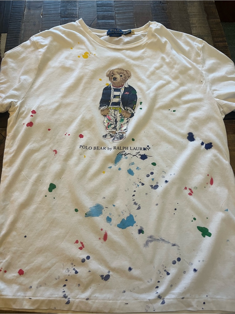 Ralph Lauren White Polo Bear Paint-Splash Dog Tee